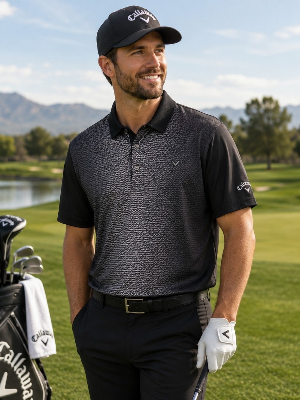 Callaway Golf Opti-dri polo shirt featuring a black digital camo print